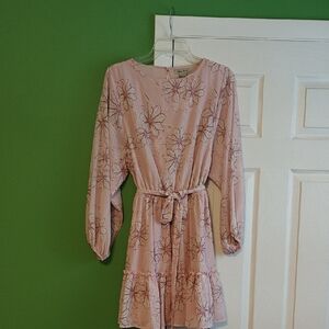 Blush Floral Long Sleeve Dress With Tie Waist